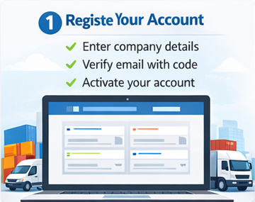 ExusTrans-registreringsformular for transportører med virksomhedsoplysninger, momsnummer og e-mailaktivering